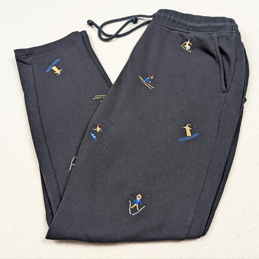 Loft Lou Grey Embroidered Skier Terry Sweatpants Medium Black Cotton Drawstring
